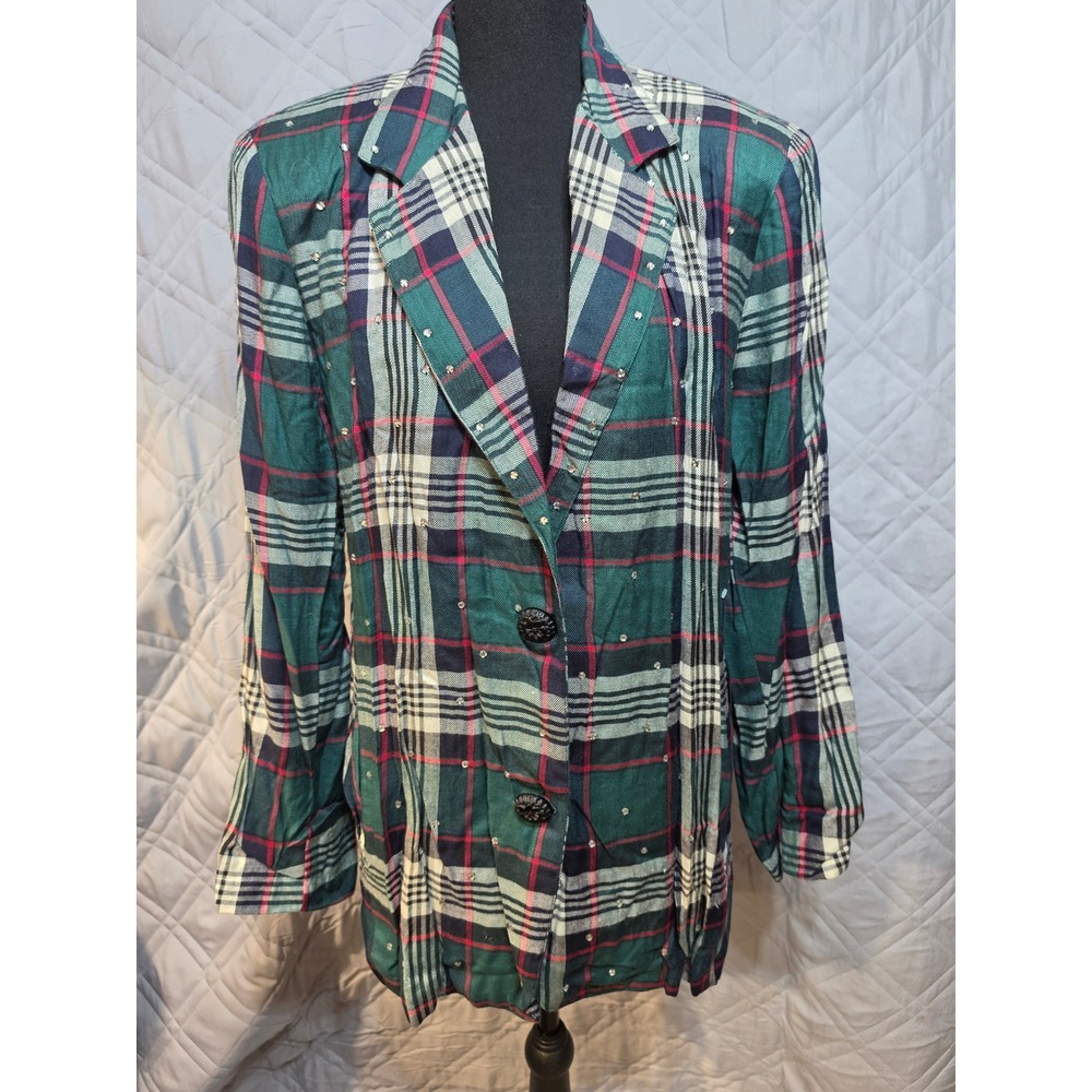 Other Destination Vintage Plaid Rhinestone Blazer Green Red Rayon Jacket S